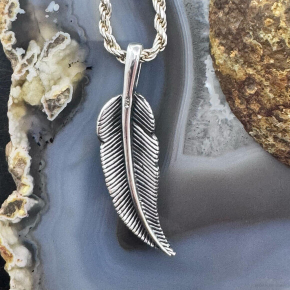 Sterling Silver Southwestern Style Engraved Feather Unisex Pendant - Picture 7 of 10